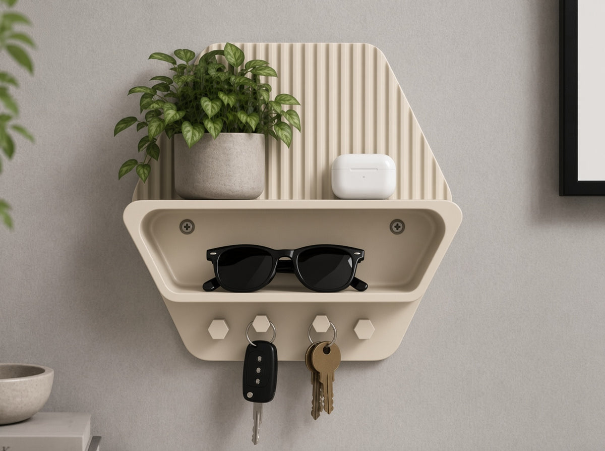Duvar Rafı Anahtarlık Organizer Hexagon - Krem