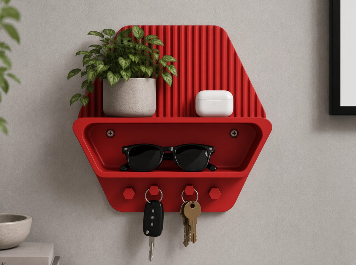 Duvar Rafı Anahtarlık Organizer Hexagon - Kırmızı