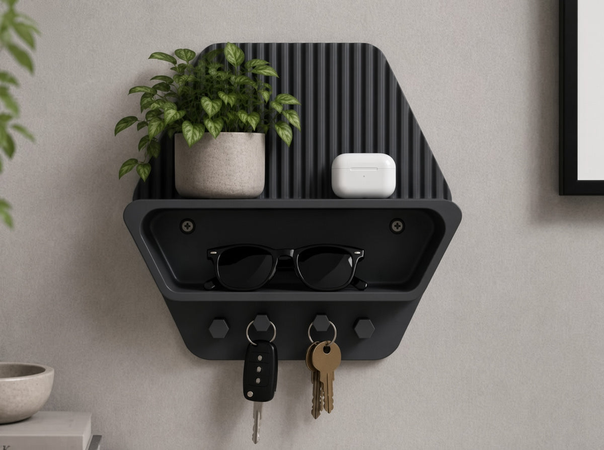 Duvar Rafı Anahtarlık Organizer Hexagon - Siyah